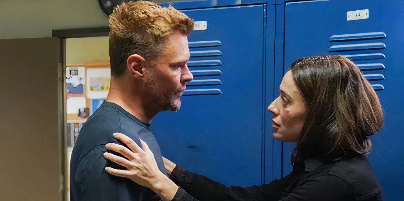 Burzek (Burgess and Ruzek) by some lockers in Chicago PD Season 12