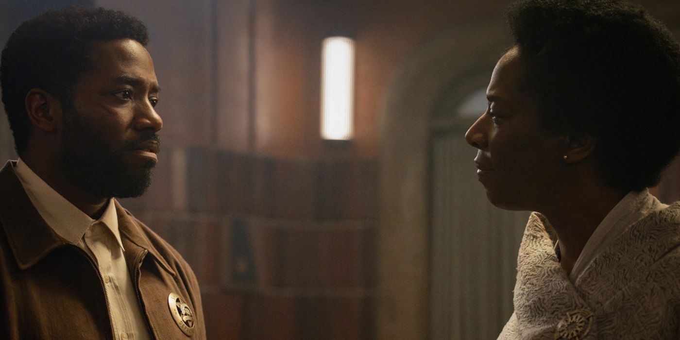 Chinaza Uche and Tanya Moodie, speaking to each other, as Paul Billings and Judge Meadows in Silo Season 2 Episode 3