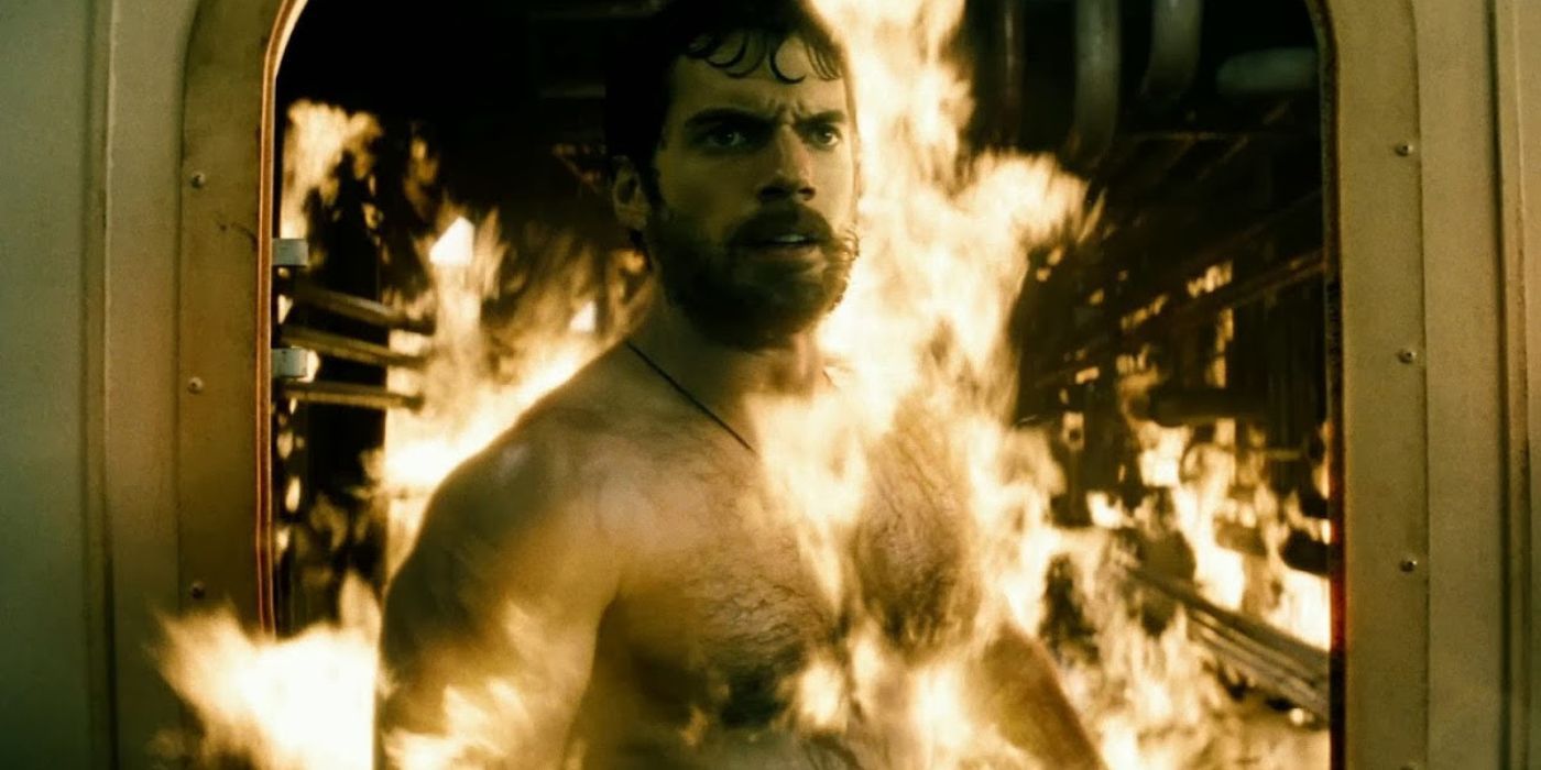 Clark standing on fire in the oil rig in Man of Steel