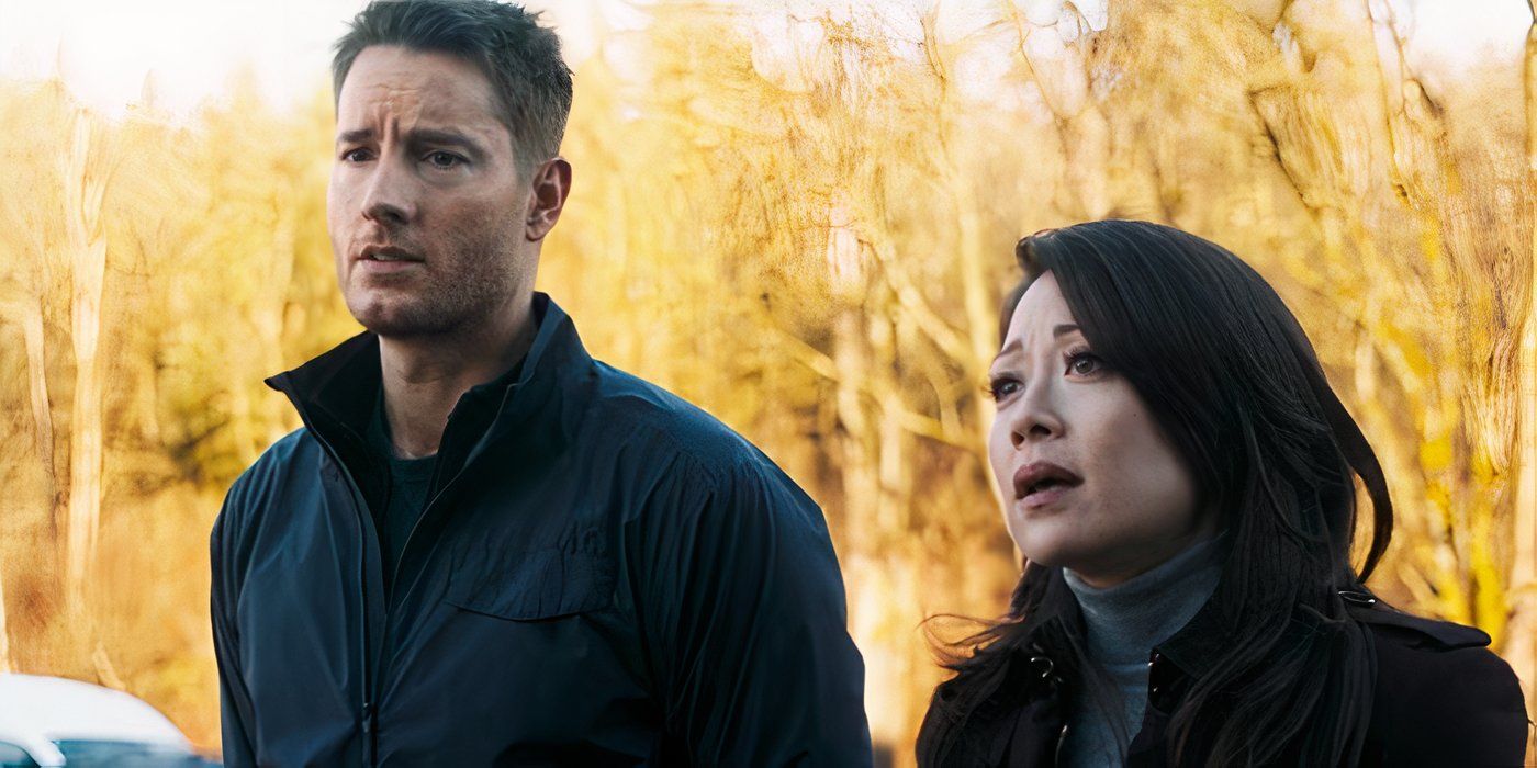 Justin Hartley as Colter Shaw and Fiona Rene as Reenie standing in front of yellow trees on 'Tracker'