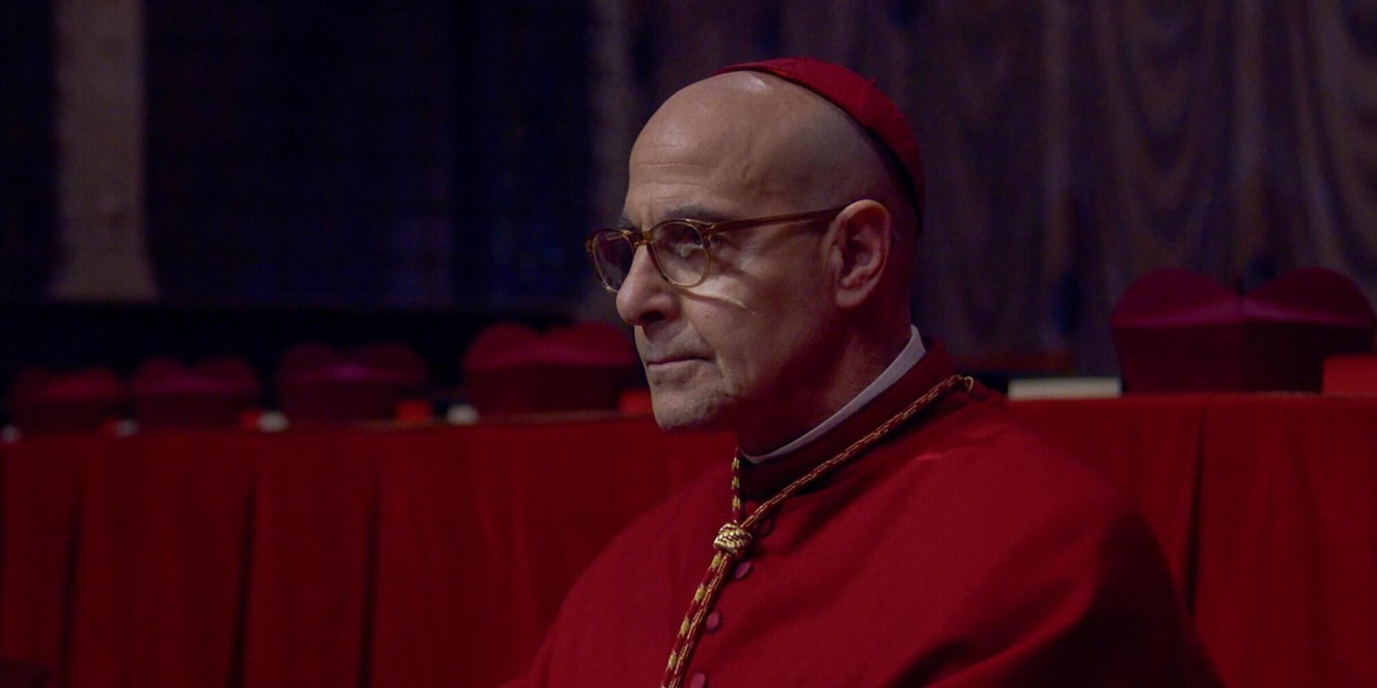 Stanley Tucci as Aldo Cardinal Bellini looking ahead in 'Conclave'