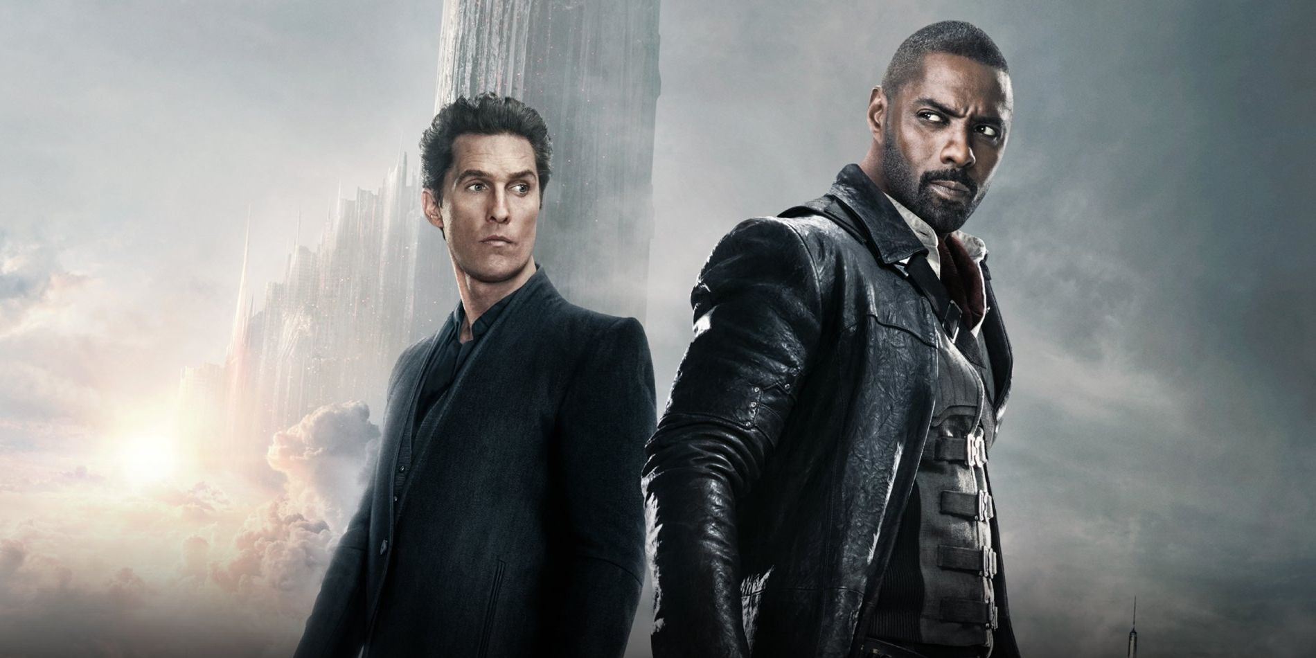 Roland and Walter, played by actors Idris Elba and Matthew McConaughey, look serious while standing in front of a huge tower.
