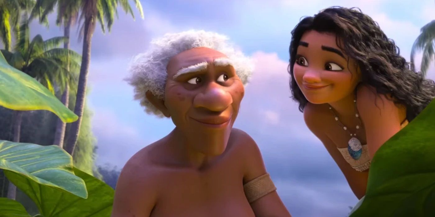 David Fein mira fijamente a Moana como Kele en Moana 2