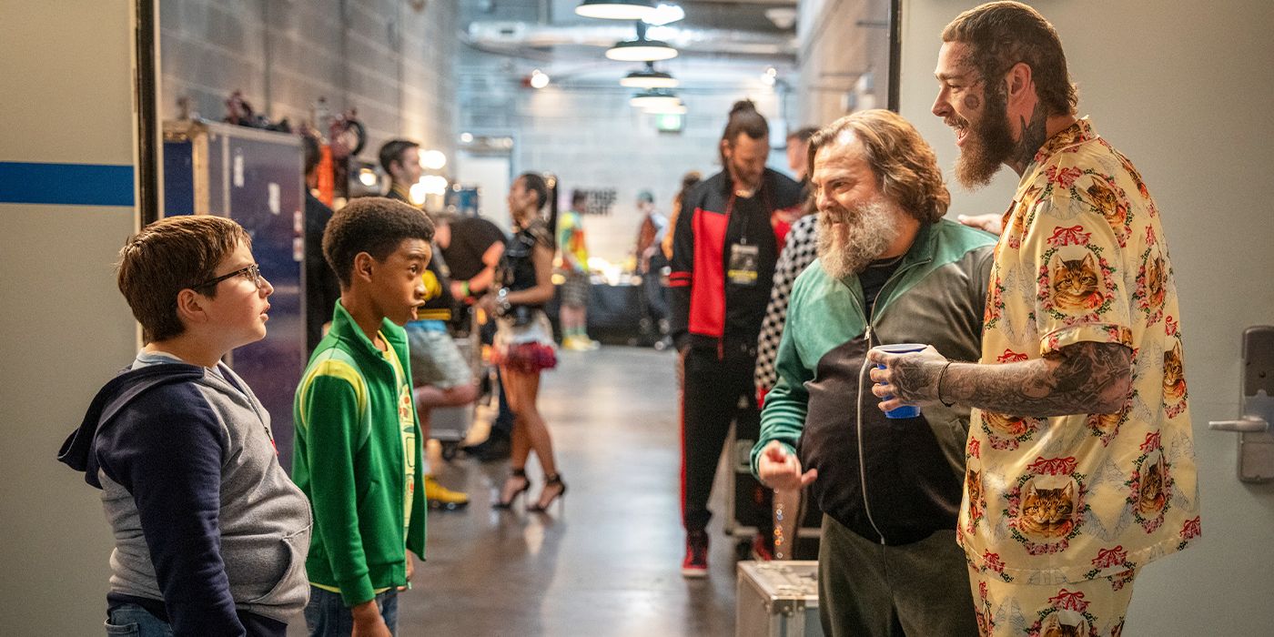 Post Malone with Jack Black, Robert Timothy Smith, and Jaden Carson Baker on set