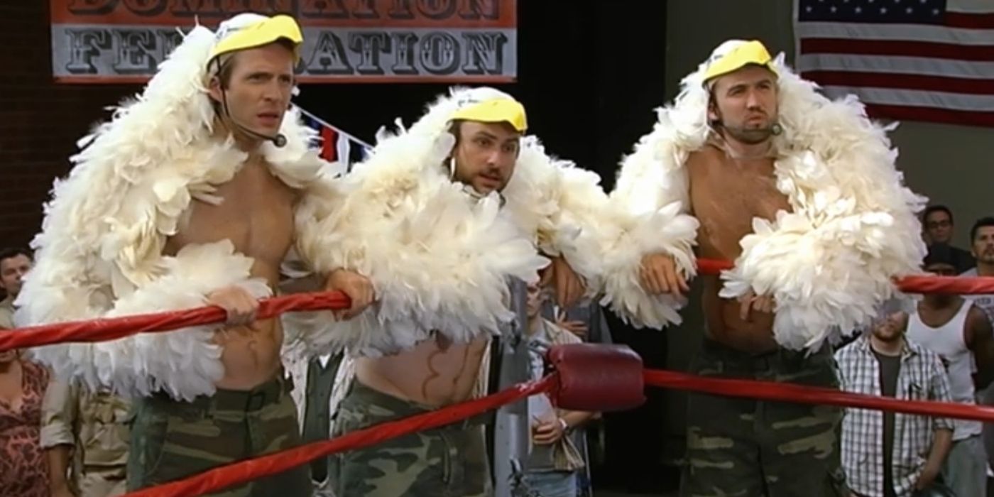 Dennis, Charlie, & Mac dressed as The Birds of War wreslting group in It's Always Sunny in Philadelphia.