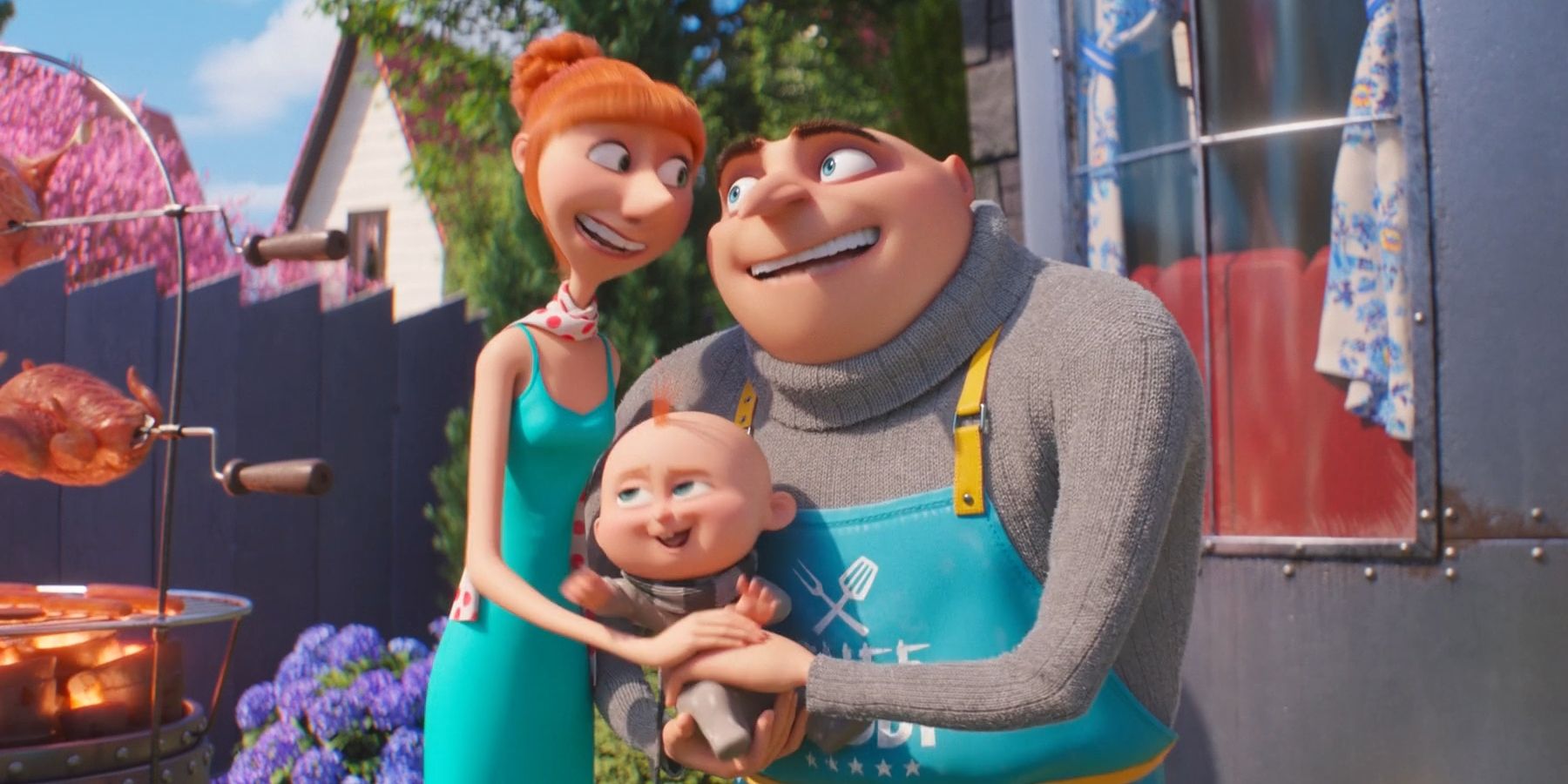 Gru and Lucy sing together while they hold Gru Jr. in 'Despicable Me 4'.