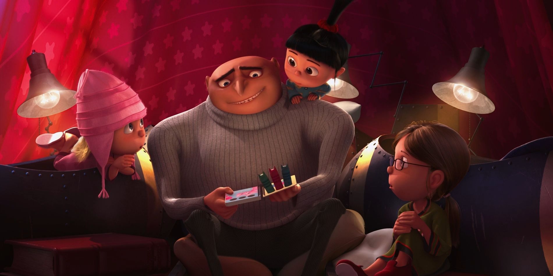 Gru reads a book to adopted daughters Edith, Agnes and Margo in 'Despicable Me'.