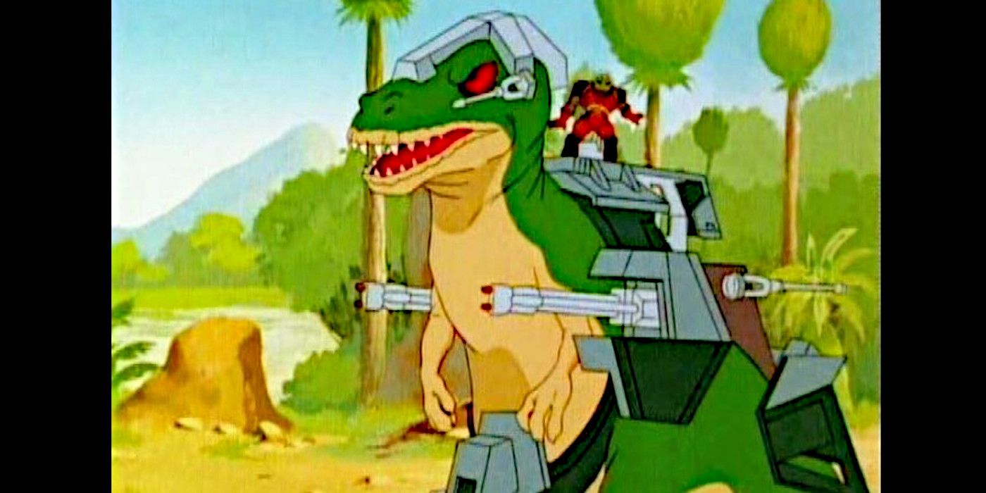 A t-rex is equipped with laser cannons in Dino-Riders