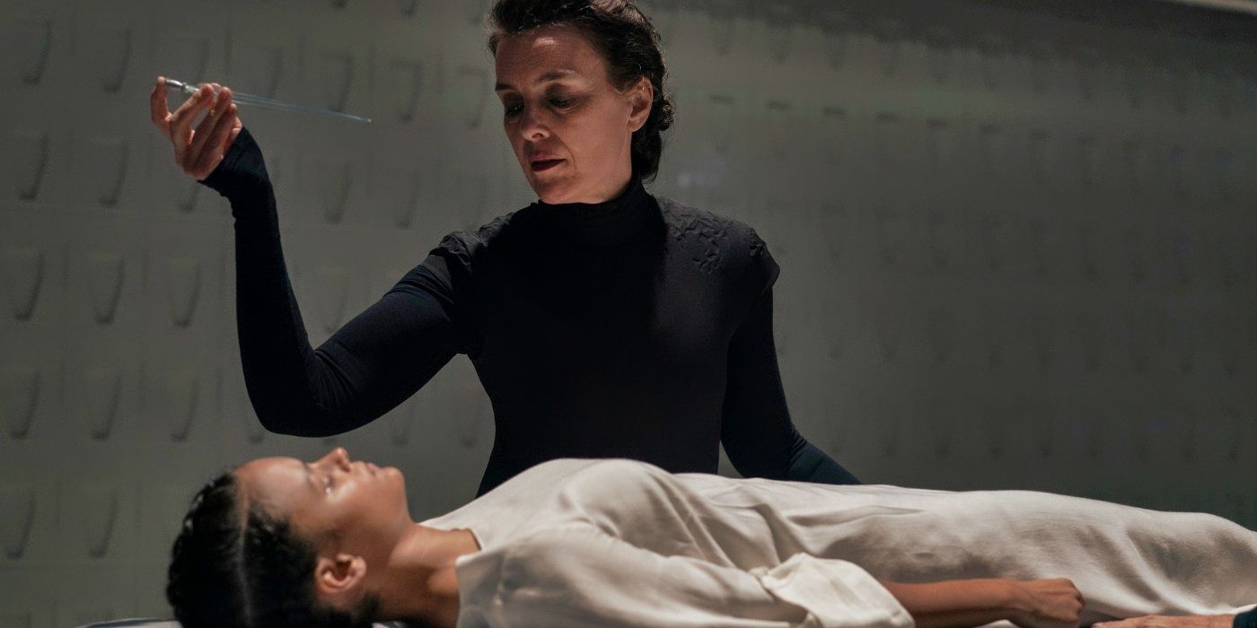 Olivia Williams preparing to drop the Rossak poison into Chloe Lea&rsquo;s eye
