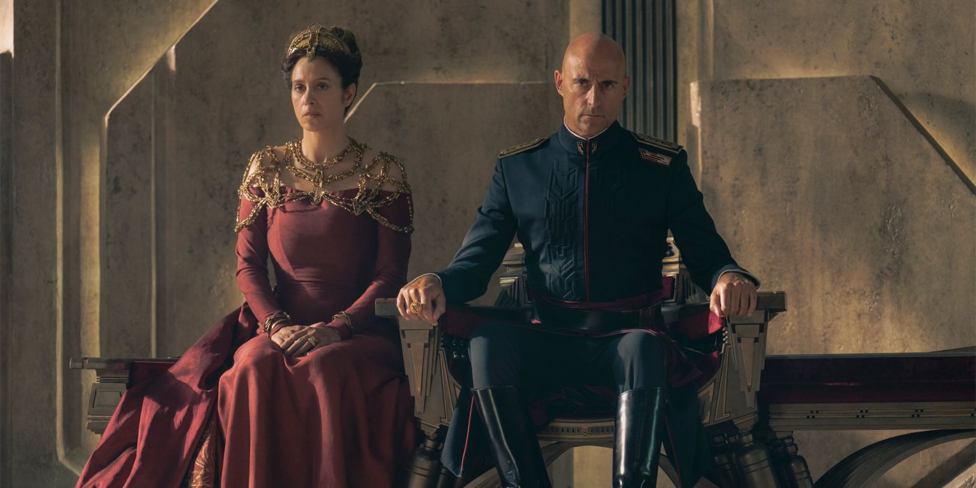 Empress Natalya (Jodhi May) and Emperor Javicco (Mark Strong) sitting on their thrones