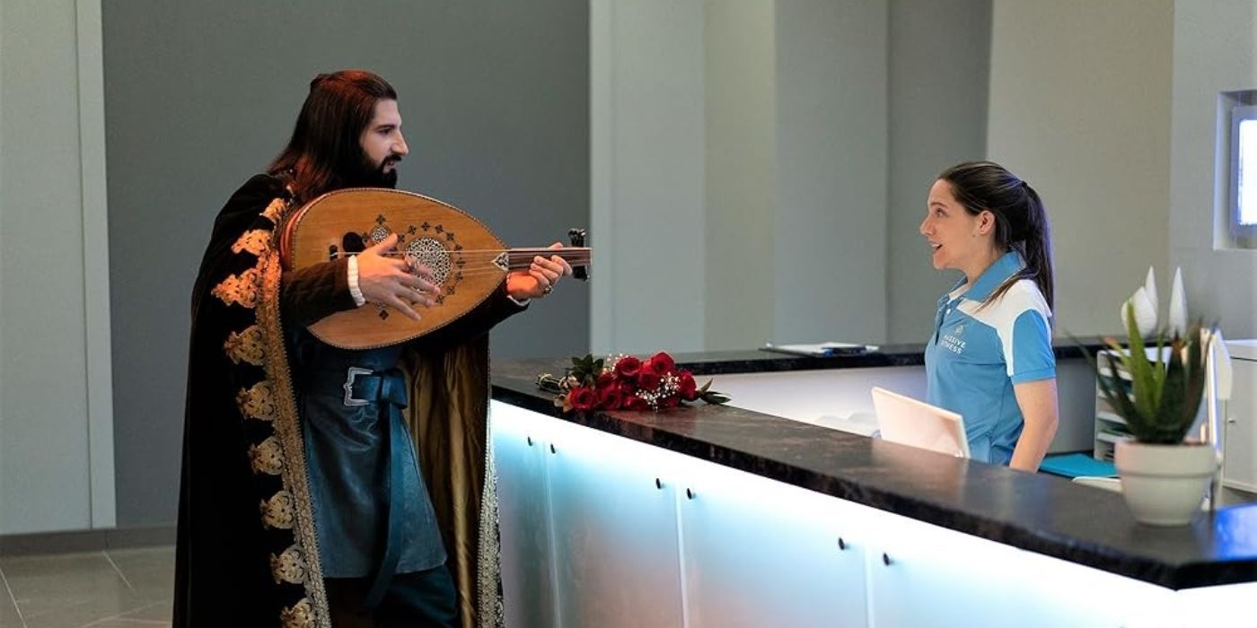 A housemate disguised as Nandor attempts to serenade a gym attendant on What We Do in the Shadows.