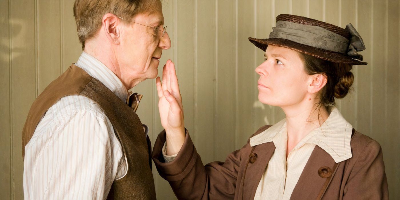 A woman about to touch a man&rsquo;s face in Everlasting-Moments