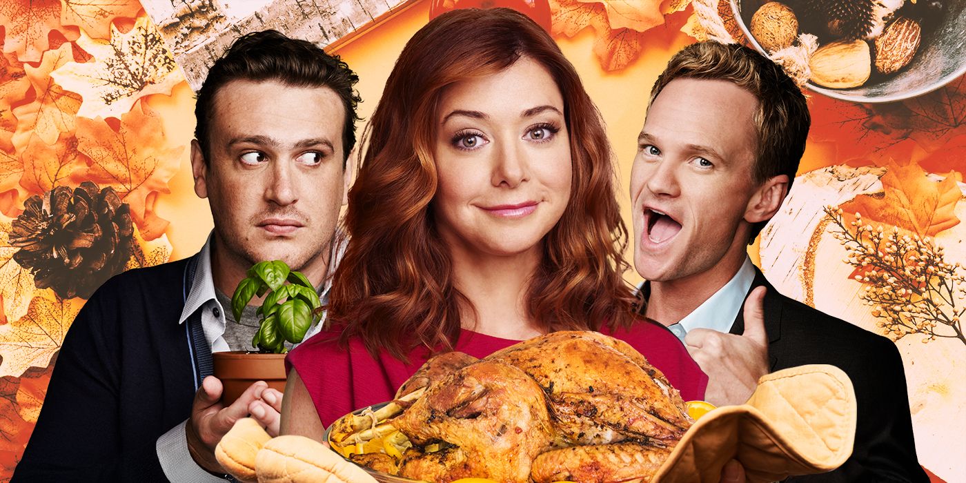 Marshall, Lily, and Barney are surrounded by Thanksgiving items to celebrate the 'How I Met Your Mother' holiday episodes.