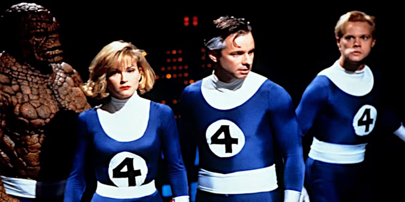 The Fantastic Four wear their blue and white costumes with a 4 on the chest in the 1994 The Fantastic Four.