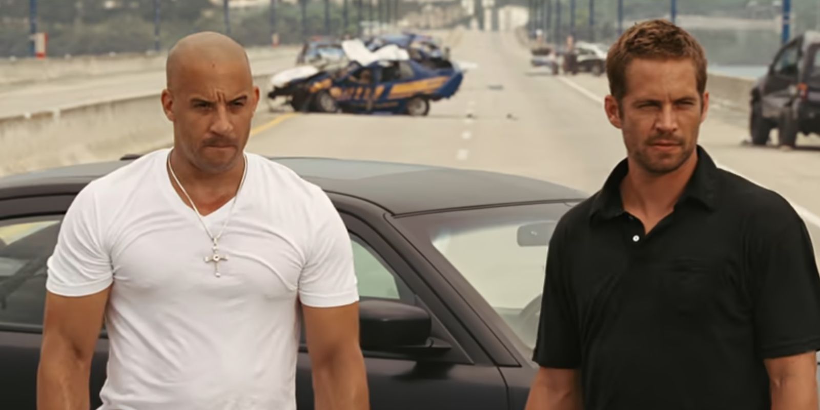 Dominic Toretto, played by Vin Diesel, and Brian O'Conner, played by Paul Walker, look ahead in 'Fast Five'.