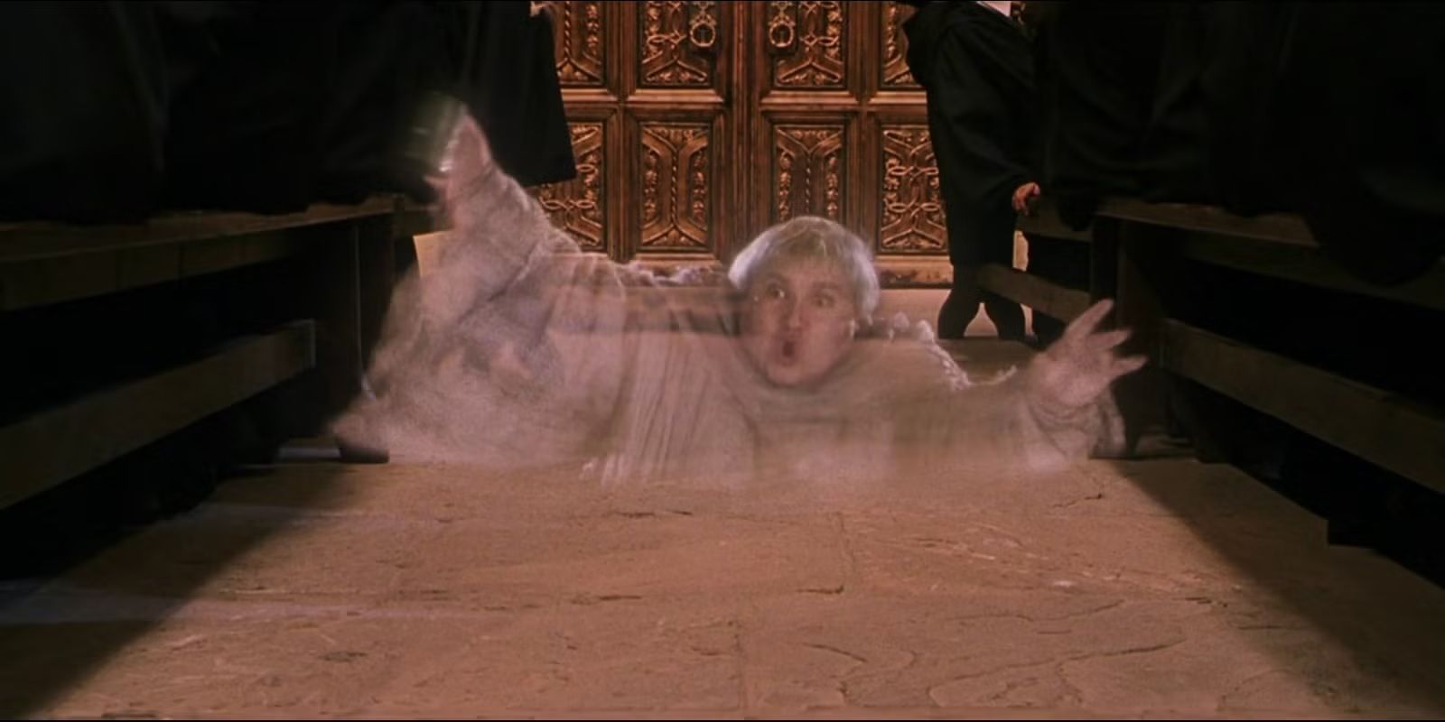 The Fat Friar ghost falls through the floor in Harry Potter and the Sorcerer's Stone.