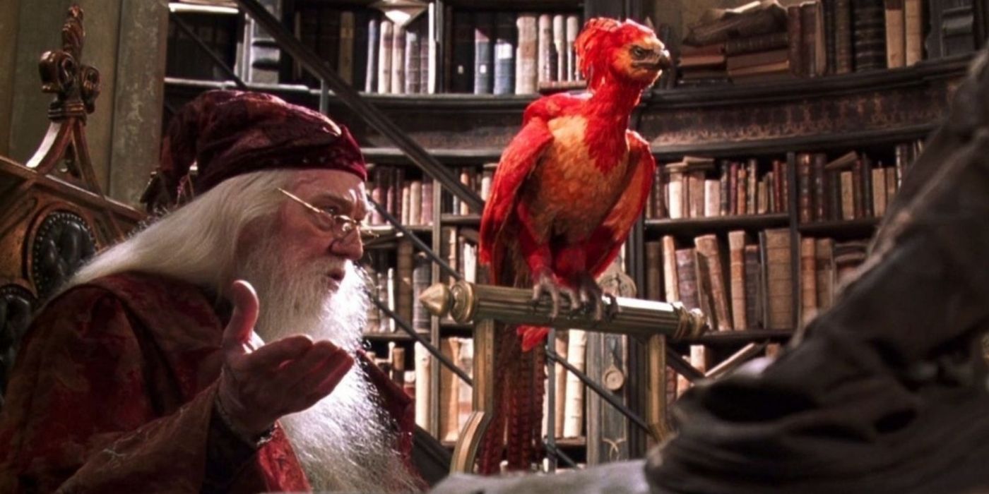 Dumbledore (Richard Harris) in his office with his pet phoenix, Fawkes, watching in 'Harry Potter and the Chamber of Secrets'