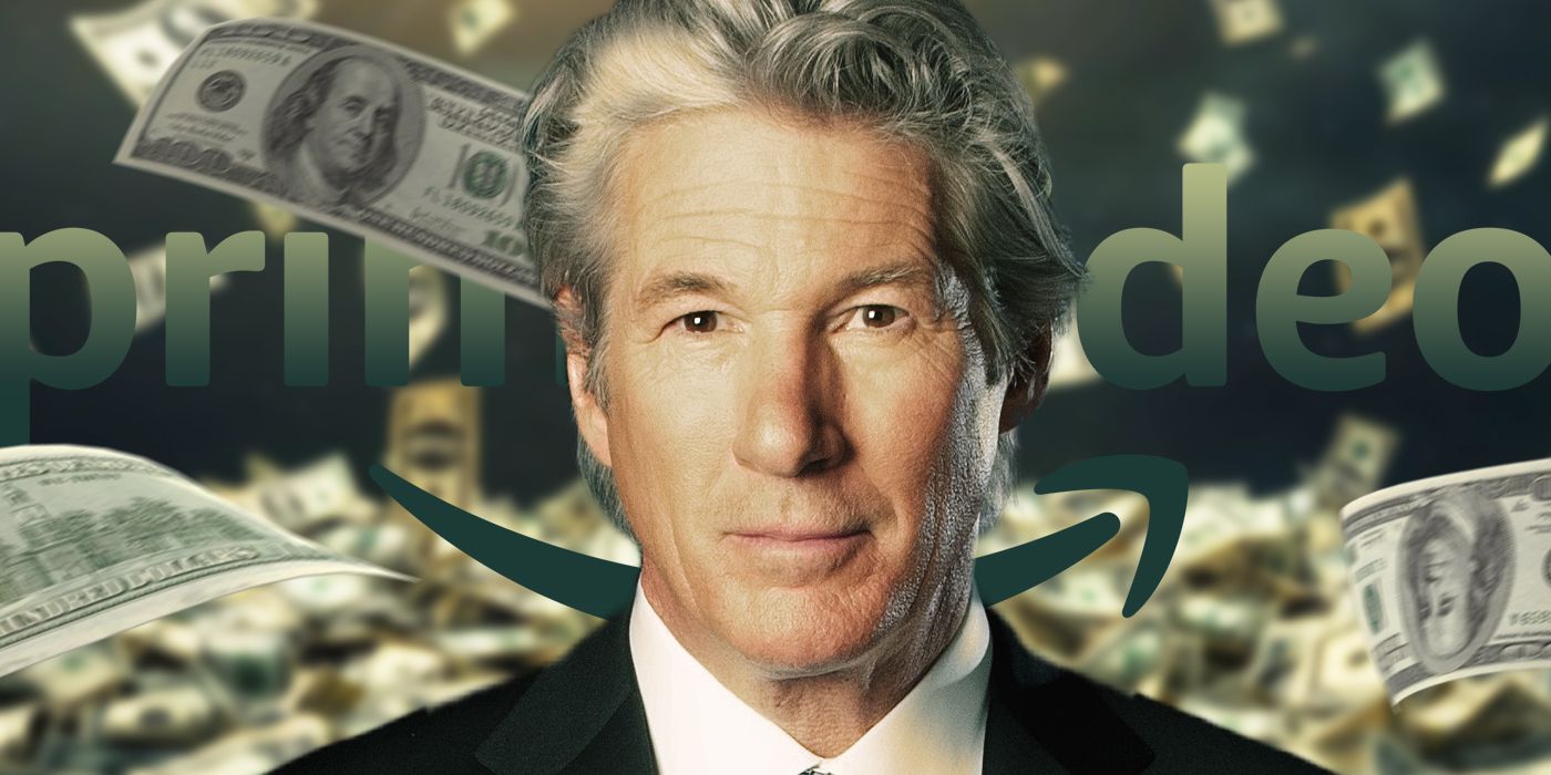 Actor Richard Gere, wearing a suit and standing in front of a Prime logo and falling dollar bills.