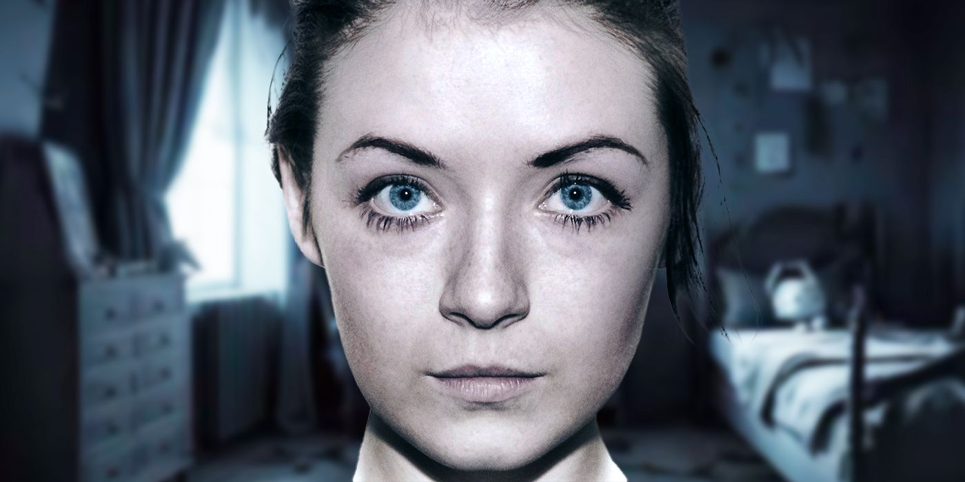 Emelie, played by actor Sarah Bolger, stares straight ahead, with a bedroom backdrop in Emelie.