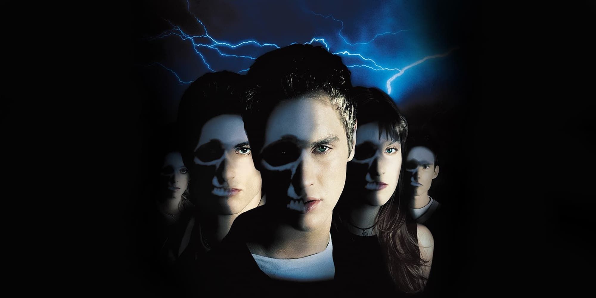 The poster for the movie Final Destination showing its main characters with half of their faces looking like bare skulls