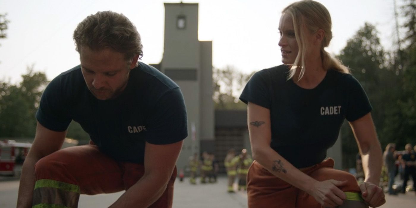 Bode (Max Thieriot) and Audrey (Leven Rambin) put on their boots on 'Fire Country'