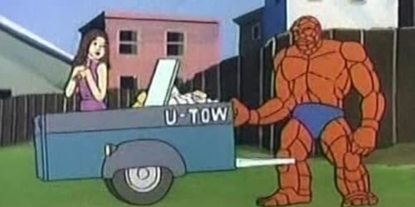 The Thing pulls a tow trailer with a woman riding in it in Fred and Barney Meet the Thing cartoon.