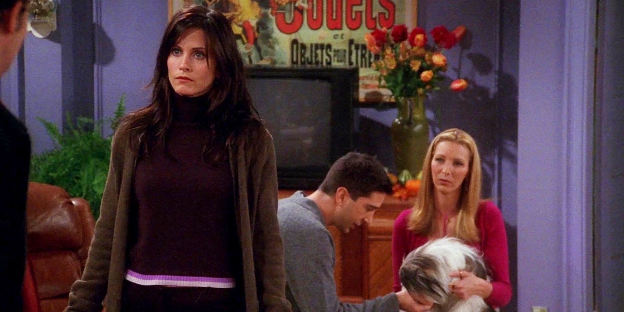 Monica standing in front of Ross and Phoebe while they pet a dog in Friends Season 6
