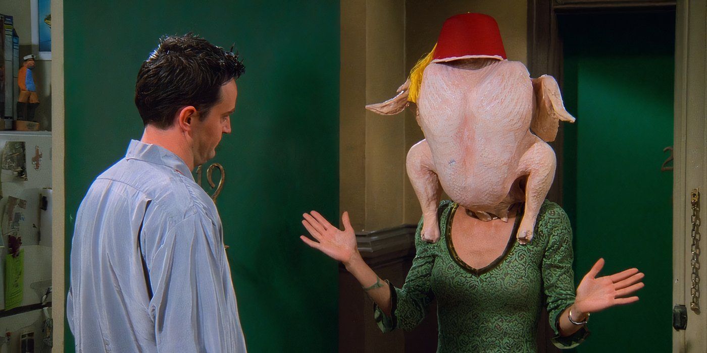 Matthew Perry as Chandler Bing looks at Courtney Cox as Monica Geller with a turkey on her head in Friends.