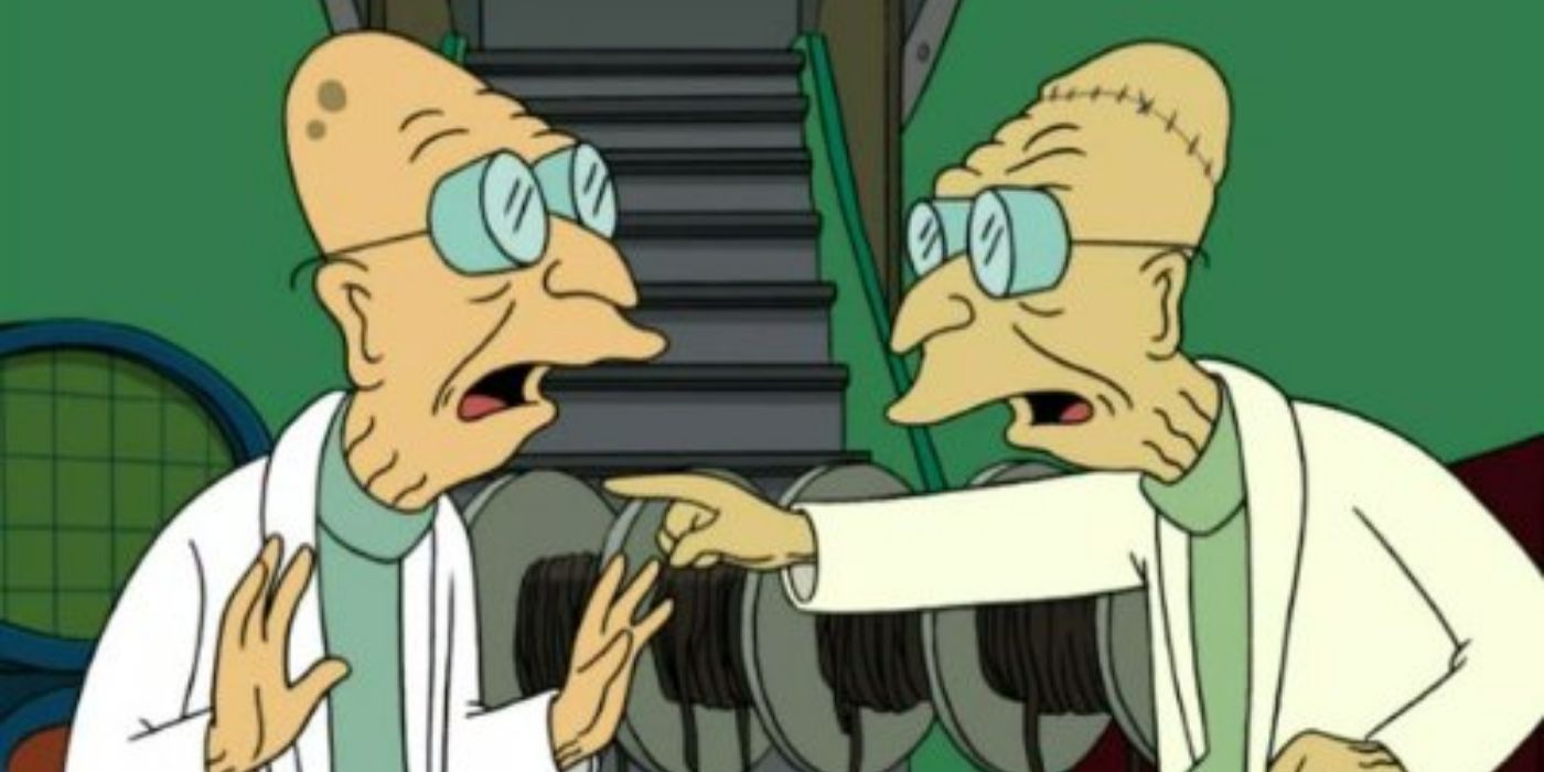 Professor Farnsworth with his alternate universe self in 'Futurama'