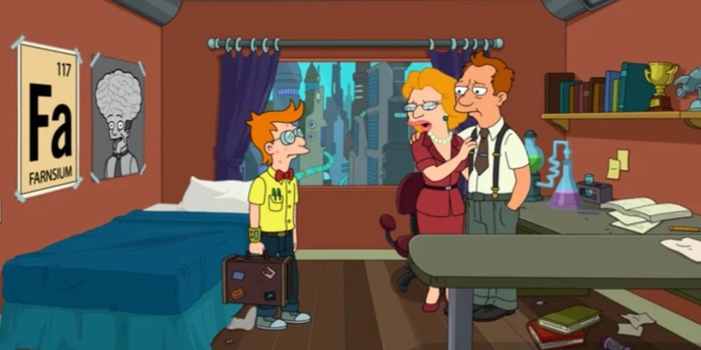 A teenage Professor Farnsworth talking with his parents in his room in 'Futurama'