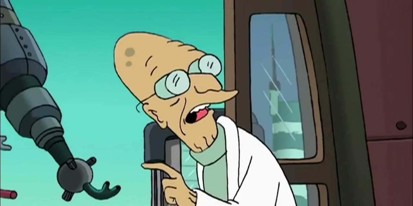 Professor Farnsworth (Billy West) with his invention, the Smell-O-Scope, in 'Futurama'