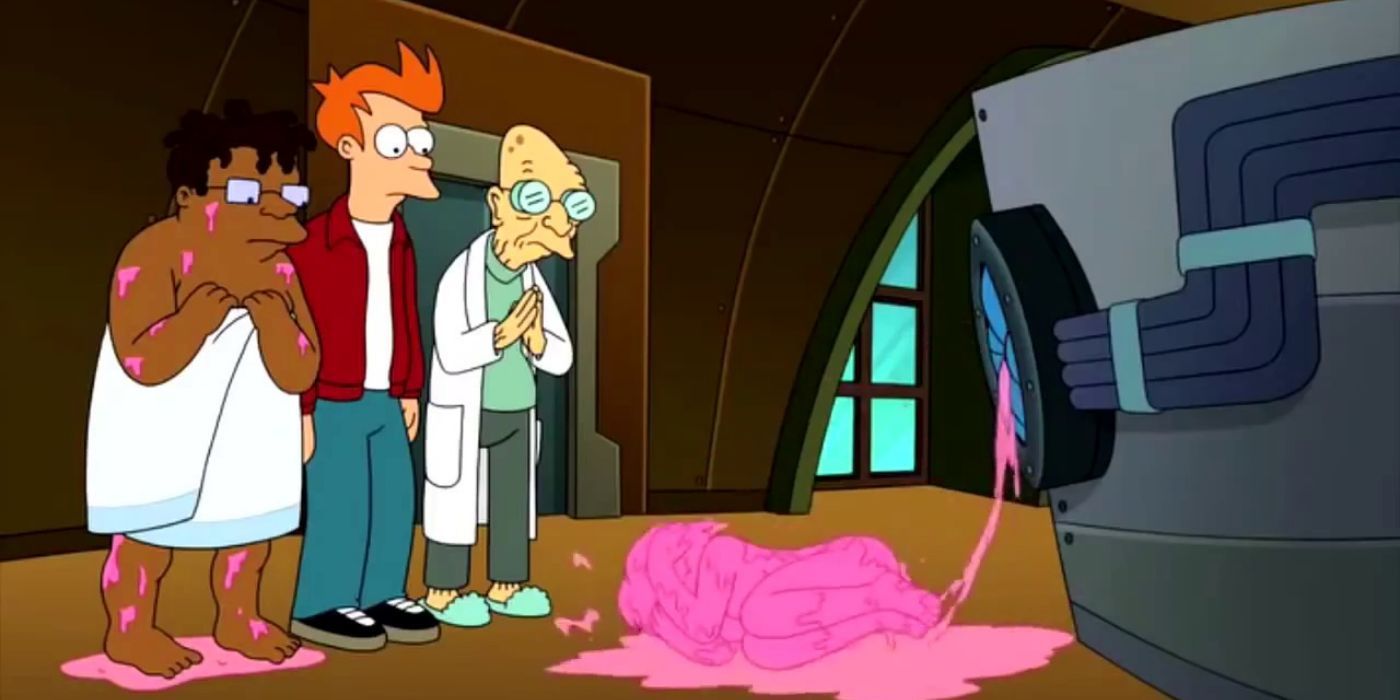 Hermes, Fry, and Farnsworth watch as Amy Wong is reborn in the Season 6 premiere of 'Futurama'