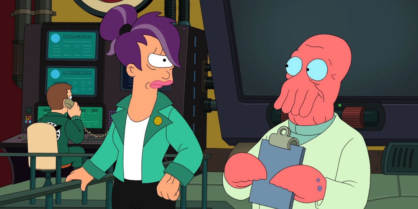 An older Leela (Katey Sagal) scolding Dr. Zoidberg (Billy West) in 'Futurama'