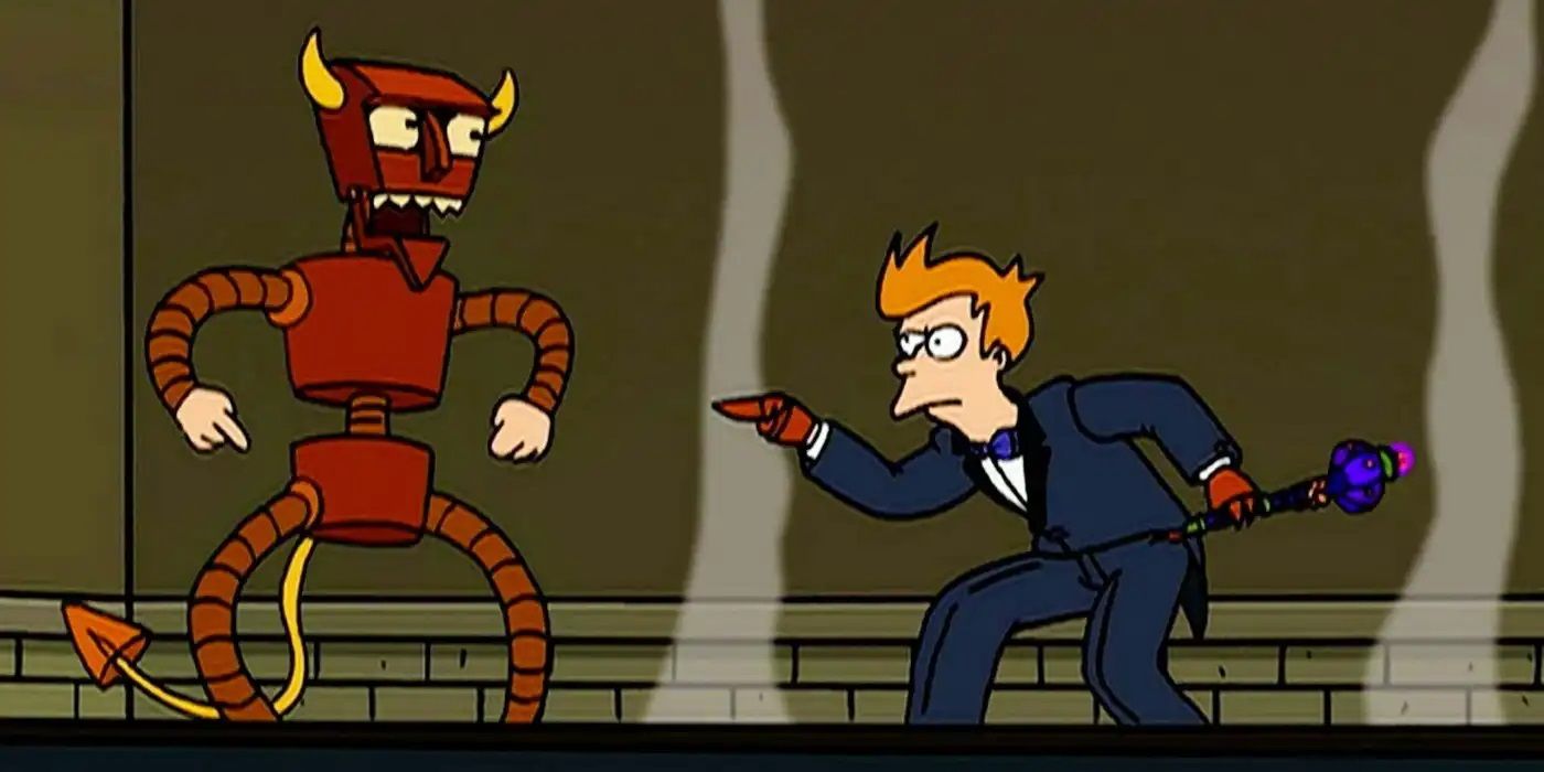 Fry wears a formal suit and holds a scepter while confronting a devil-like robot in Futurama.