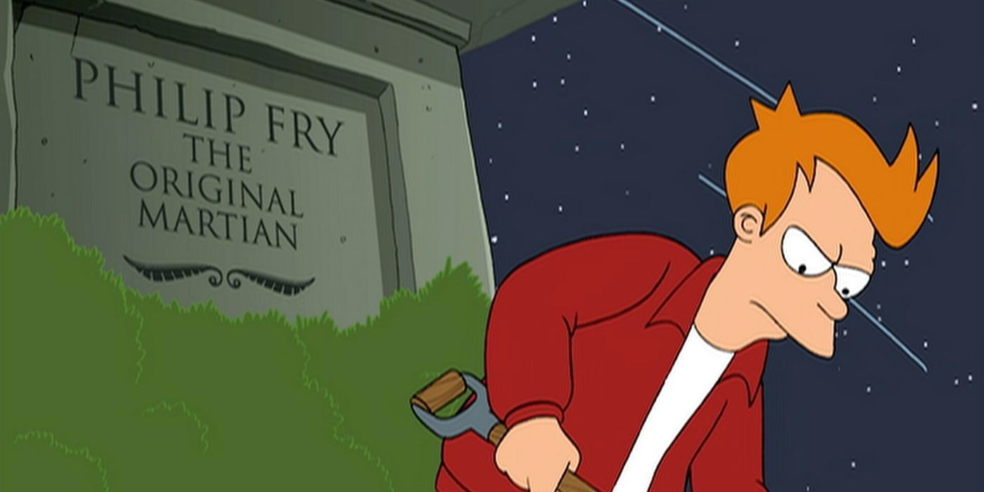 Fry digs with a shovel near a gravestone with his name on it in the Futurama episode The Luck of the Fryish.