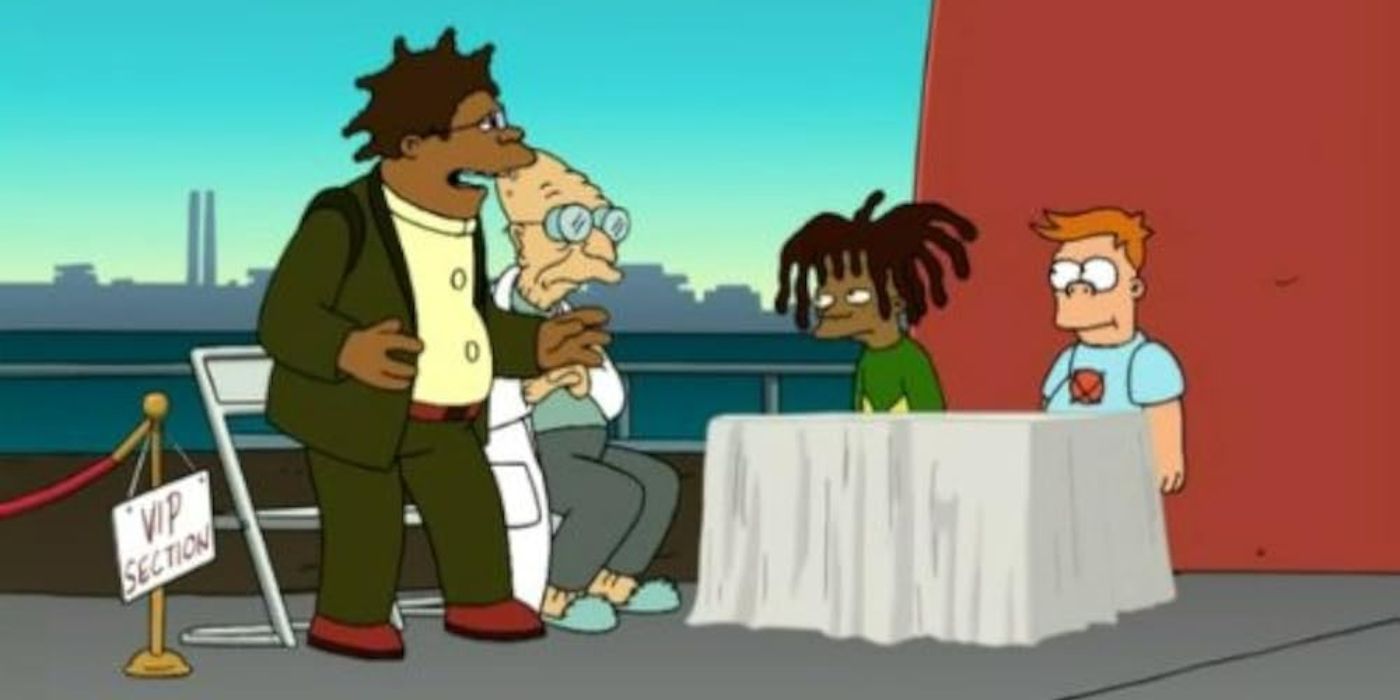 Hermes and Farnsworth with their sons, Dwight and Cubert, outside Planet Express in 'Futurama'