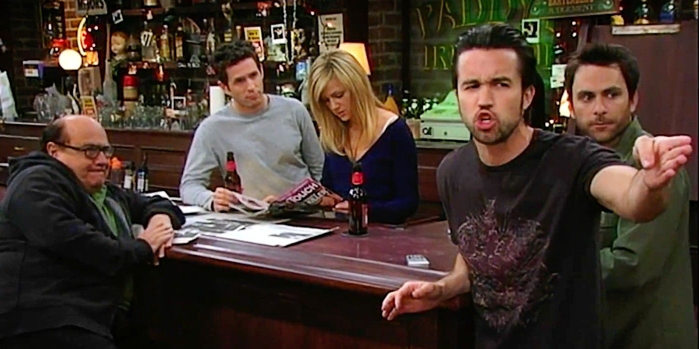 Frank, Dennis, Dee, Mac, and Charlie watching TV at Paddy&rsquo;s in It&rsquo;s Always Sunny in Philadelphia Season 3