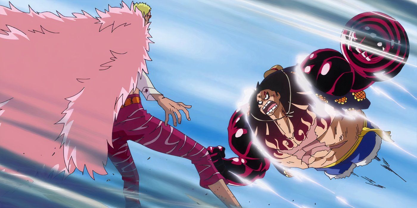 Gear Fourth Luffy flying at Doflamingo in One Piece.