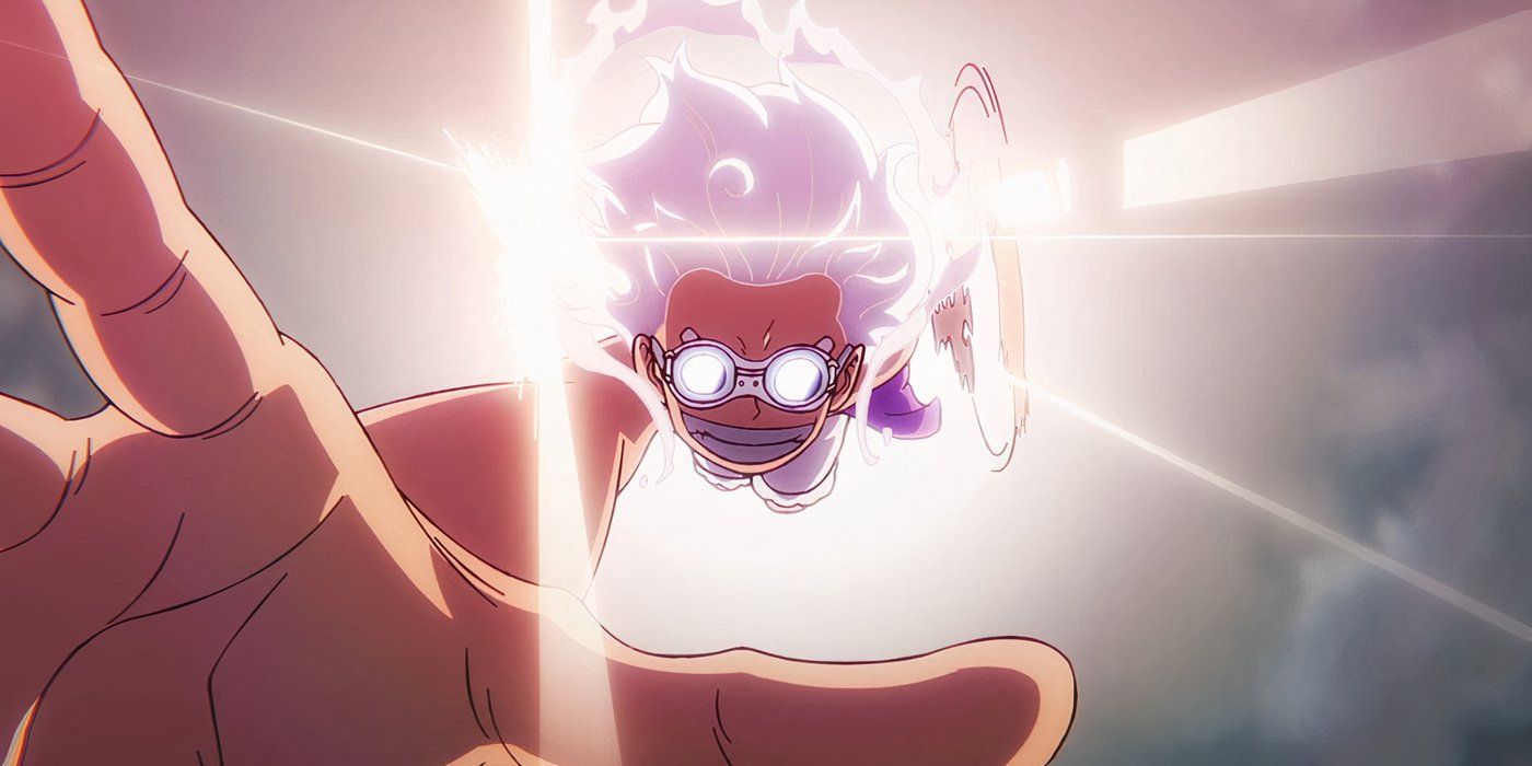 Gear 5 Luffy wearing goggles and winding up a punch in One Piece.