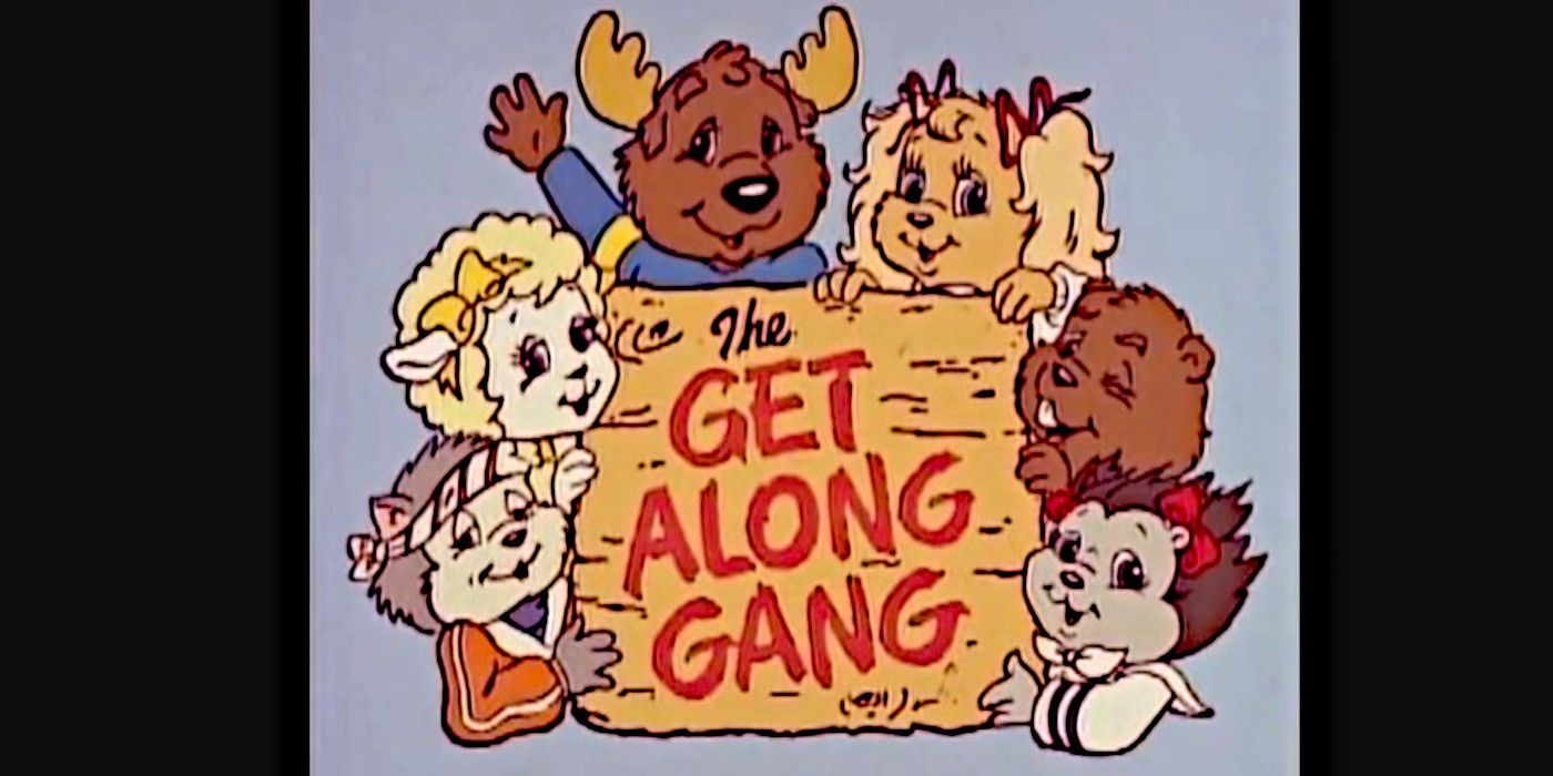 The main characters of the Get Along Gang surround a piece of wood with the title painted on it