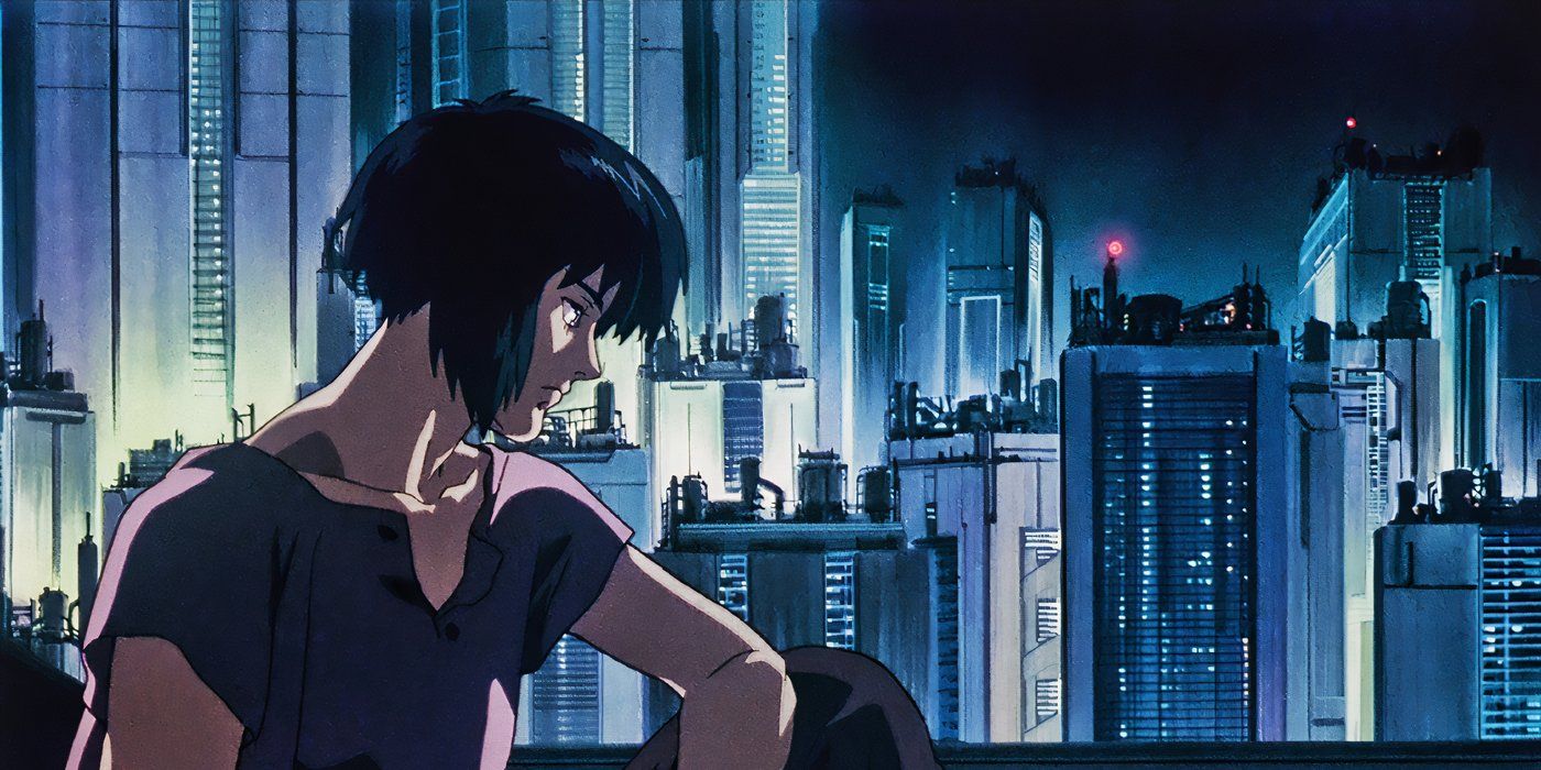 Woman in front of cyberpunk skyline in Ghost in the Shell