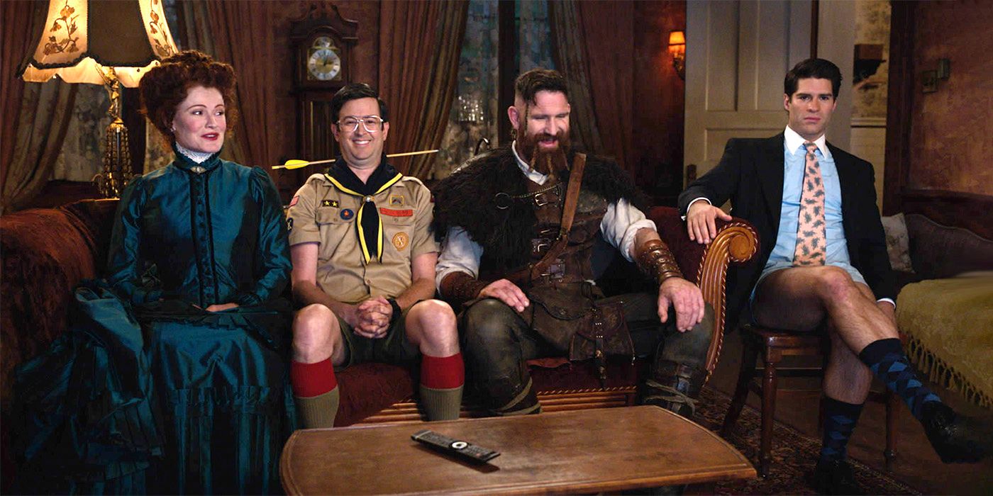Rebecca Wisocky, Richie Moriarty, Devan Chandler Long and Asher Grodman in the Ghosts TV room for a Survivor crossover
