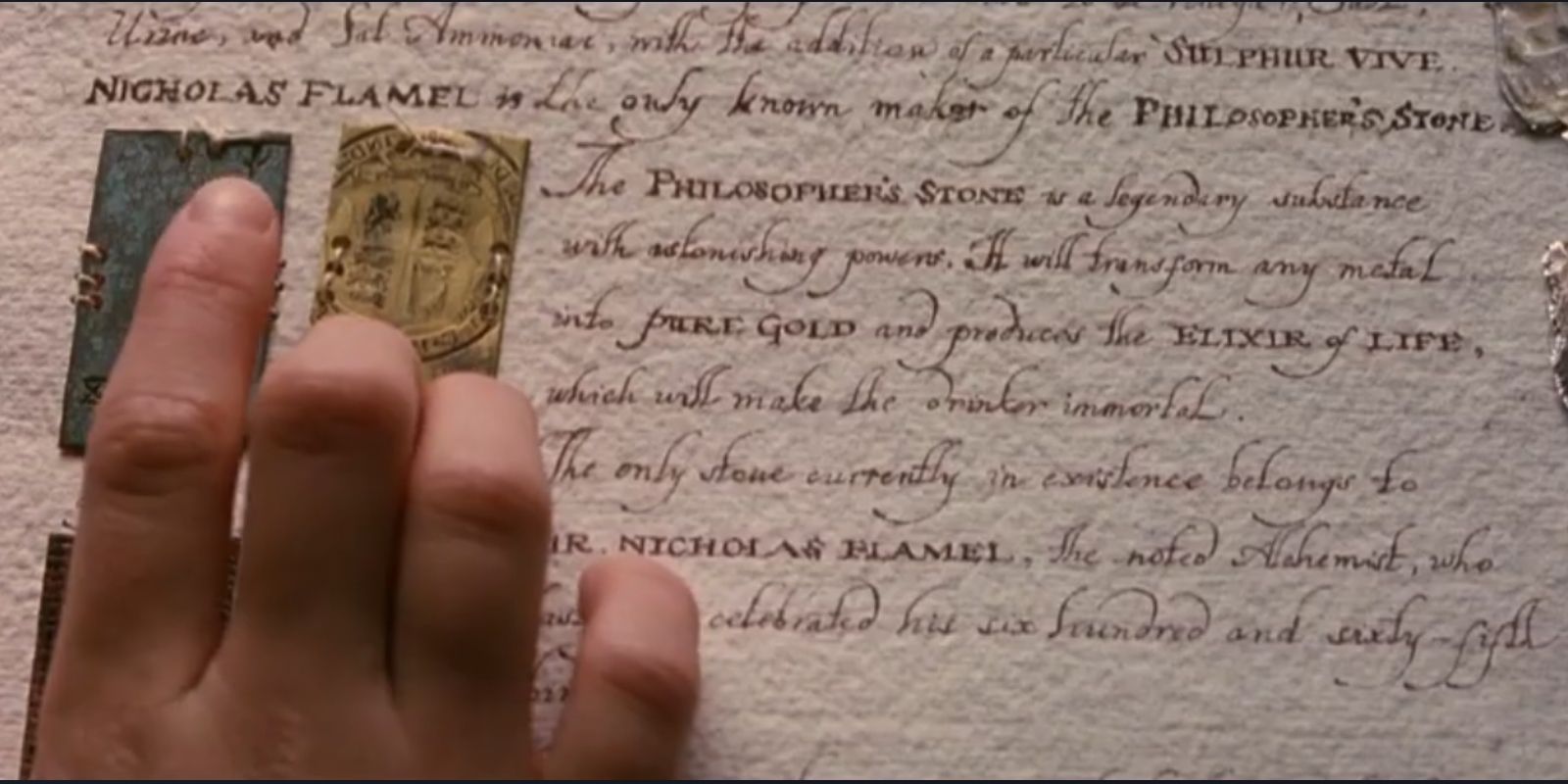 A book from the Hogwarts library that tells of the philosopher's stone in Harry Potter and the Philosopher's Stone