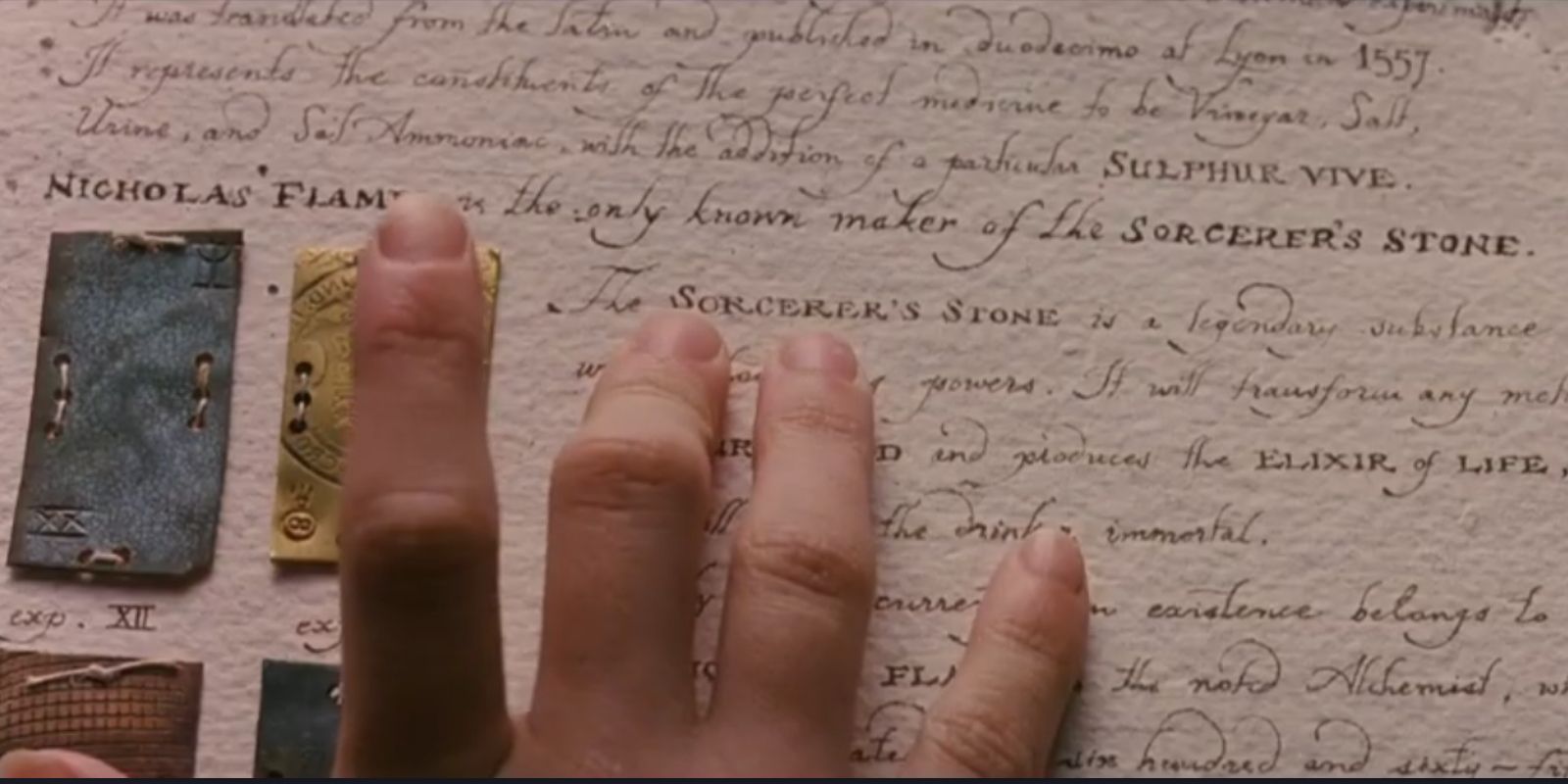 A book from the Hogwarts library that tells of the sorcerer's stone in Harry Potter and the Sorcerer's Stone
