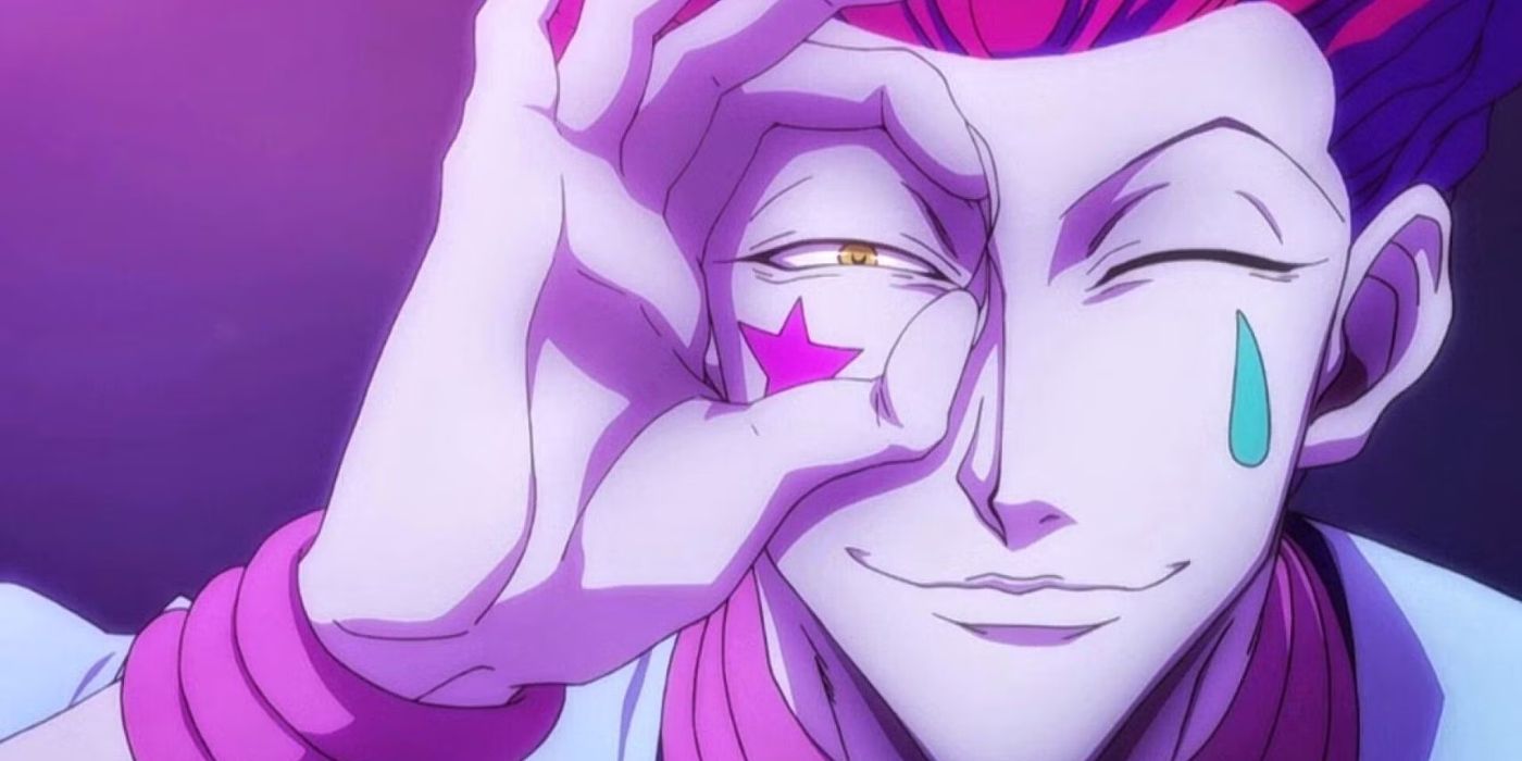 Hisoka puts his finger over his eye and closes his other eye Hunter x Hunter.