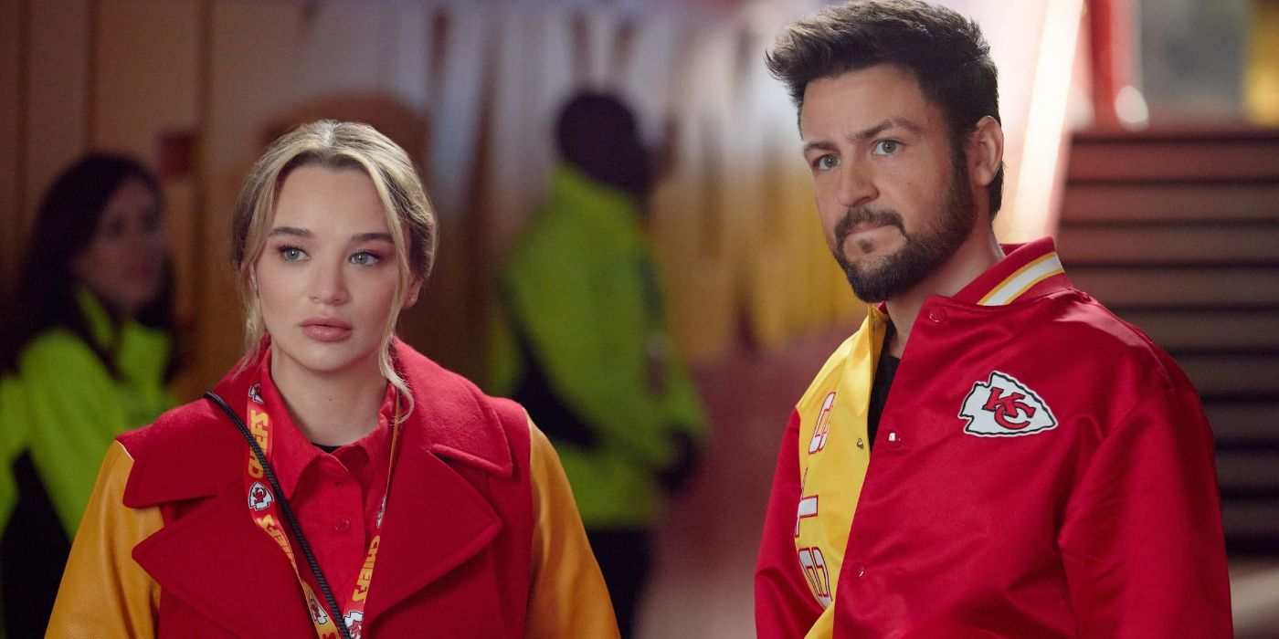 Hunter King as Alana and Tyler Hynes as Derrick sport their Kansas City Chiefs apparel in &lsquo;Holiday Touchdown: A Chiefs Love Story.'