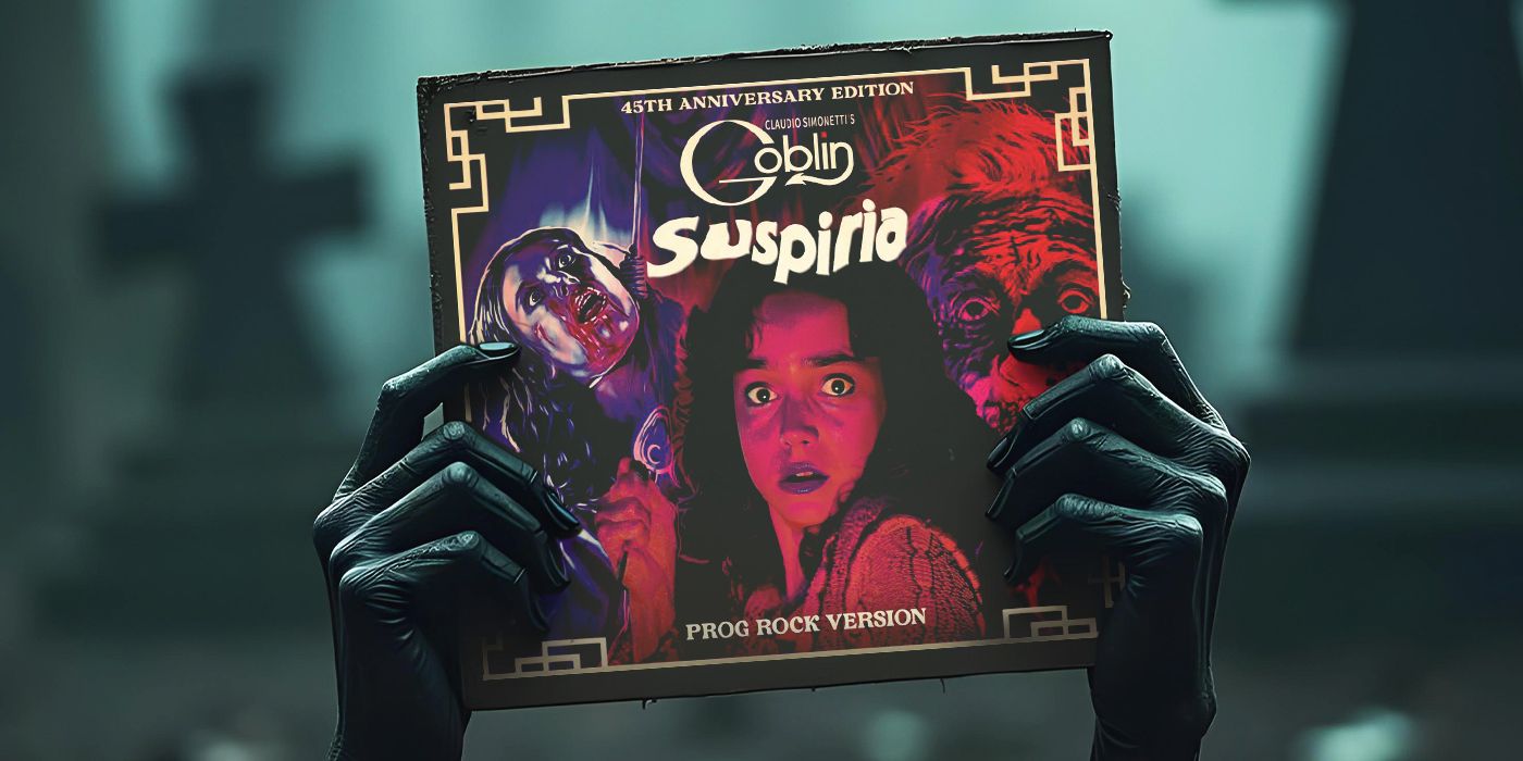 A demonic-looking pair of black hands holds up a copy of Goblin's soundtrack for the movie Suspiria.