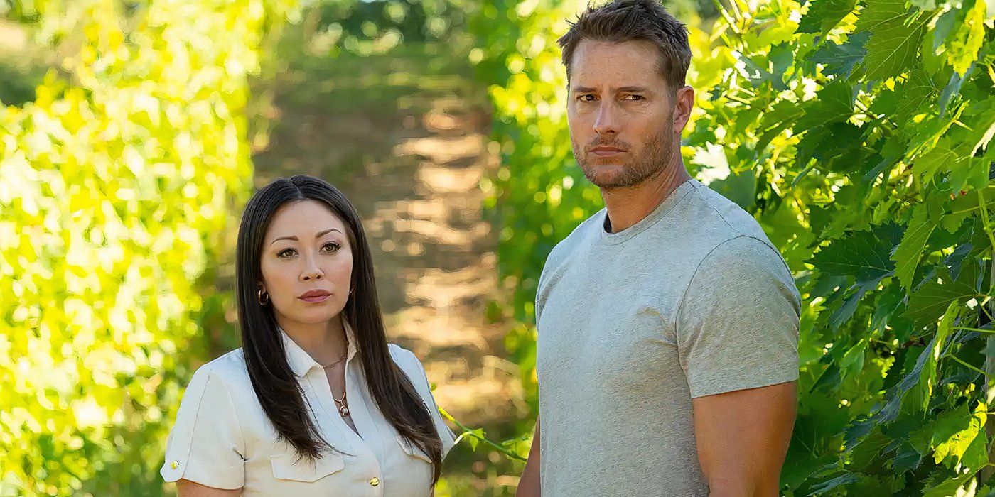 Fiona Rene as Reenie and Justin Hartley as Colter standing in a field on 'Tracker' 