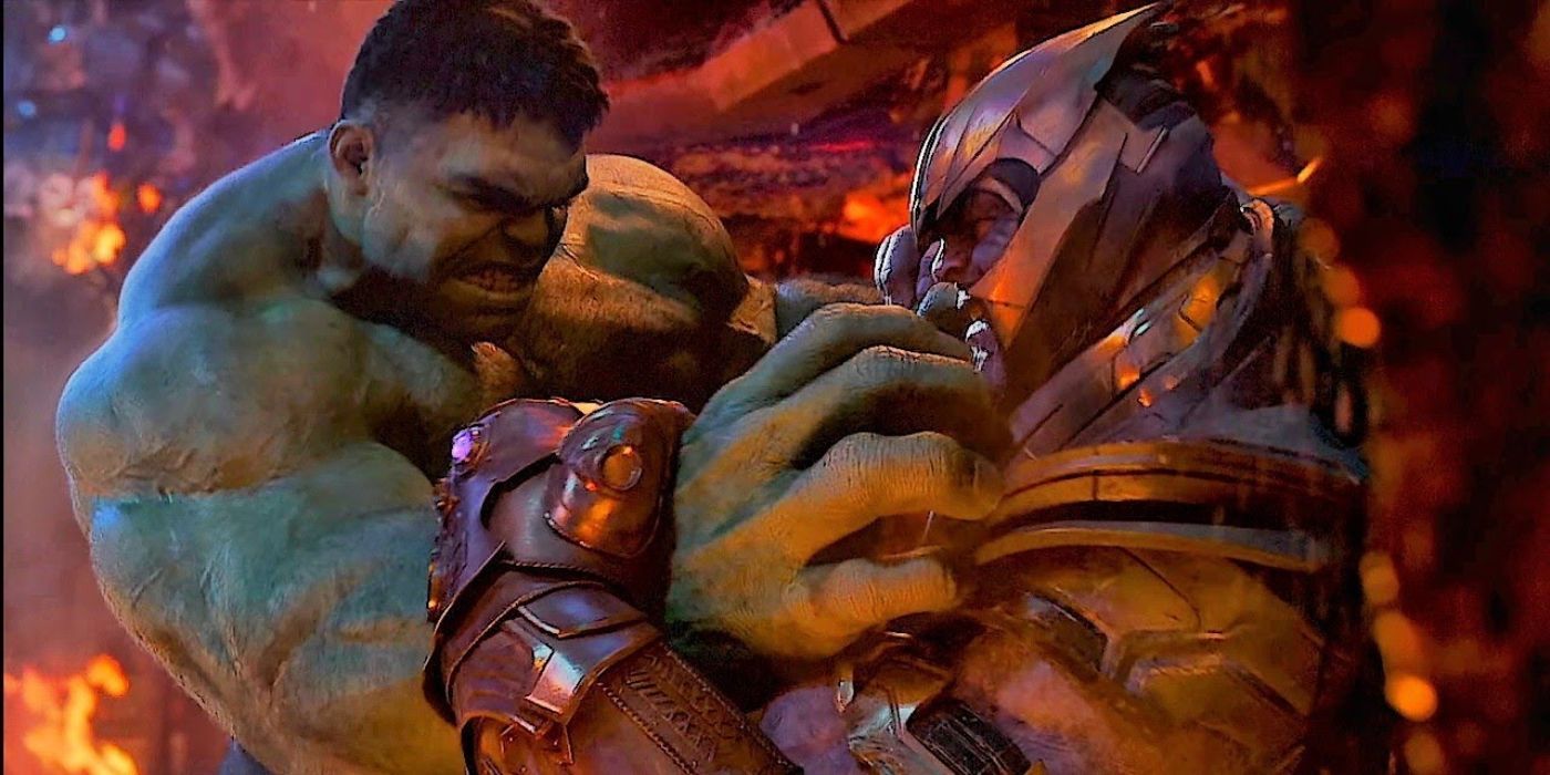 The Hulk fights Thanos who is wearing armor in Avengers: Infinity War.