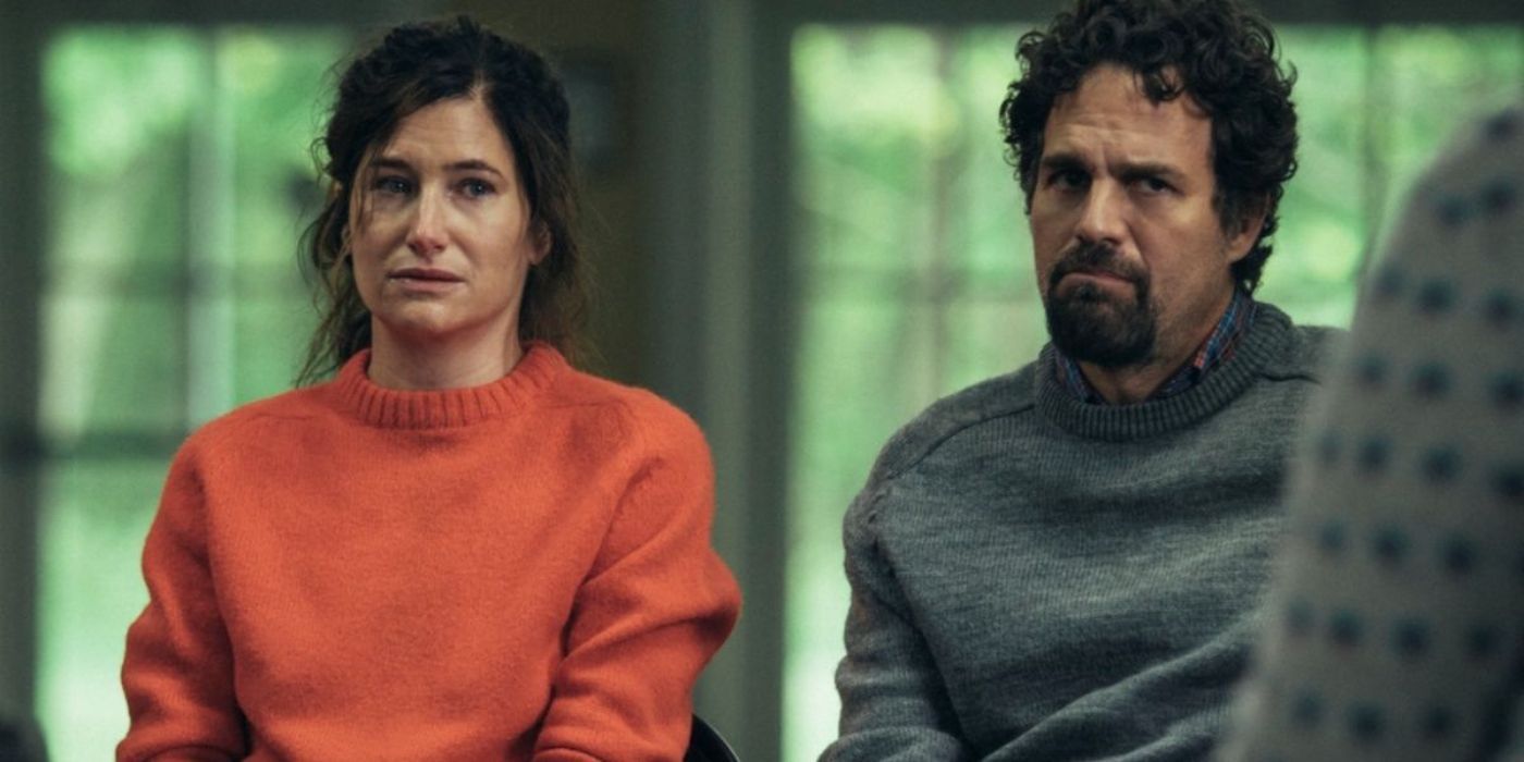 Kathryn Hahn and Mark Ruffalo sitting in chairs at group in &lsquo;I Know This Much Is True&rsquo;